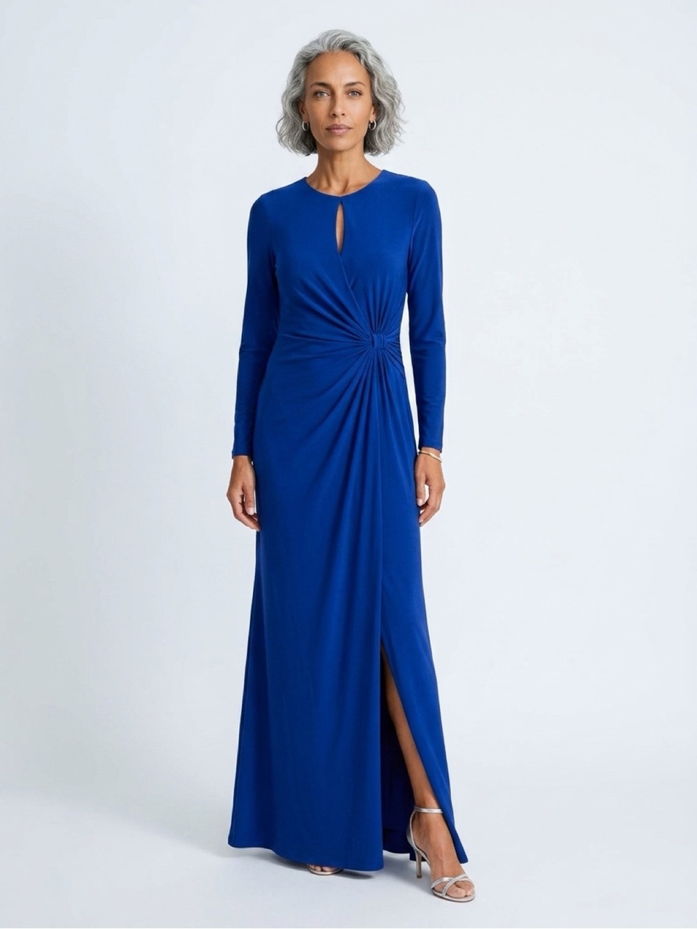 Twist-Waist Long Sleeve Maxi Dress in Blue